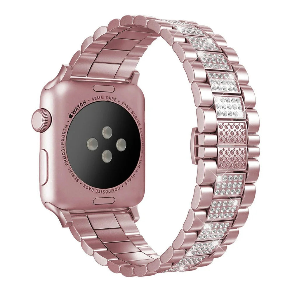 For Apple Watch Ultra 3 2 1 49mm / Series 11 10 46mm / 9 8 7 45mm / SE3 SE2 SE 6 5 4 44mm / 3 2 1 42mm Three Beads Metal Watch Band Bling Rhinestone Decor Bracelet - Pink - 1