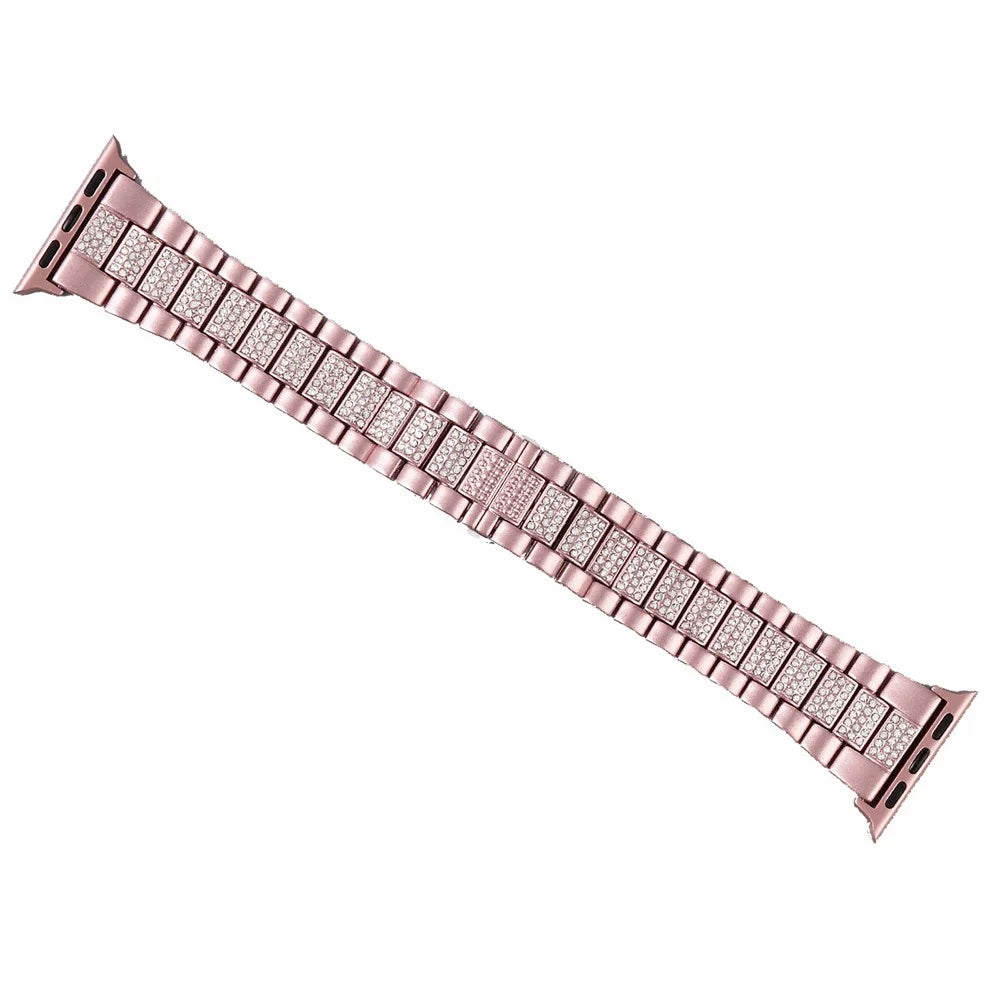 For Apple Watch Ultra 3 2 1 49mm / Series 11 10 46mm / 9 8 7 45mm / SE3 SE2 SE 6 5 4 44mm / 3 2 1 42mm Three Beads Metal Watch Band Bling Rhinestone Decor Bracelet - Pink - 2