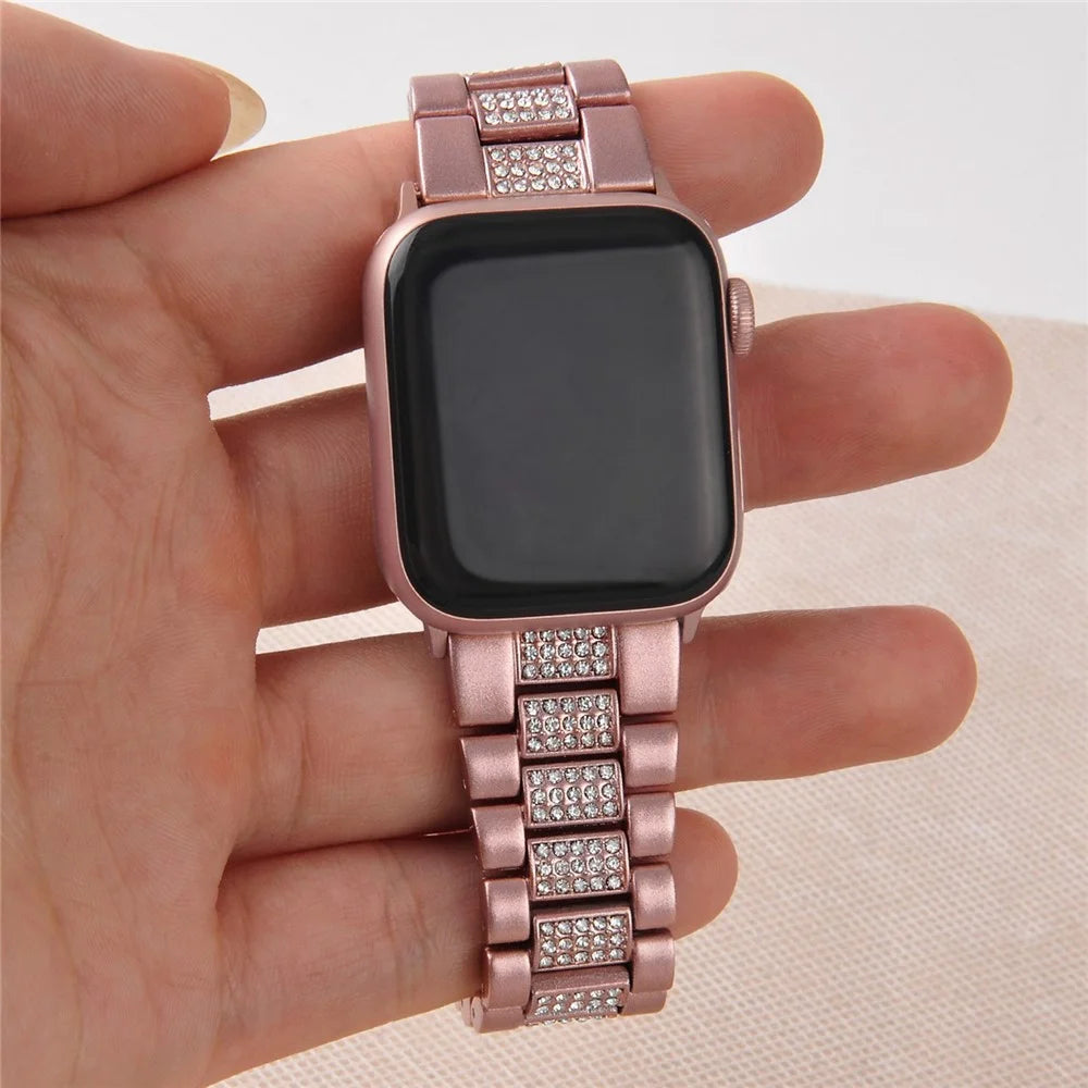 For Apple Watch Ultra 3 2 1 49mm / Series 11 10 46mm / 9 8 7 45mm / SE3 SE2 SE 6 5 4 44mm / 3 2 1 42mm Three Beads Metal Watch Band Bling Rhinestone Decor Bracelet - Pink - 3