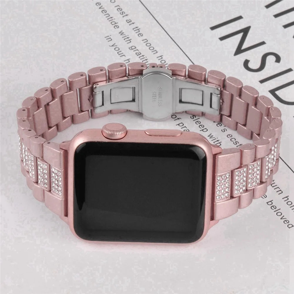 For Apple Watch Ultra 3 2 1 49mm / Series 11 10 46mm / 9 8 7 45mm / SE3 SE2 SE 6 5 4 44mm / 3 2 1 42mm Three Beads Metal Watch Band Bling Rhinestone Decor Bracelet - Pink - 5