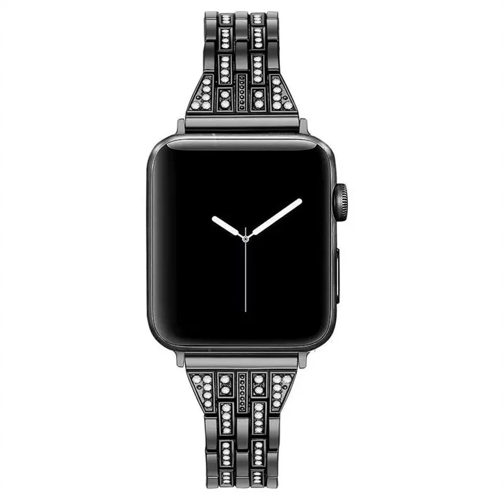 For Apple Watch Series 11 10 42mm / 9 8 7 41mm / SE3 SE2 SE 6 5 4 40mm / 3 2 1 38mm Smart Watch Metal Strap Rhinestone Decor Replacement Wristband - Black - 2