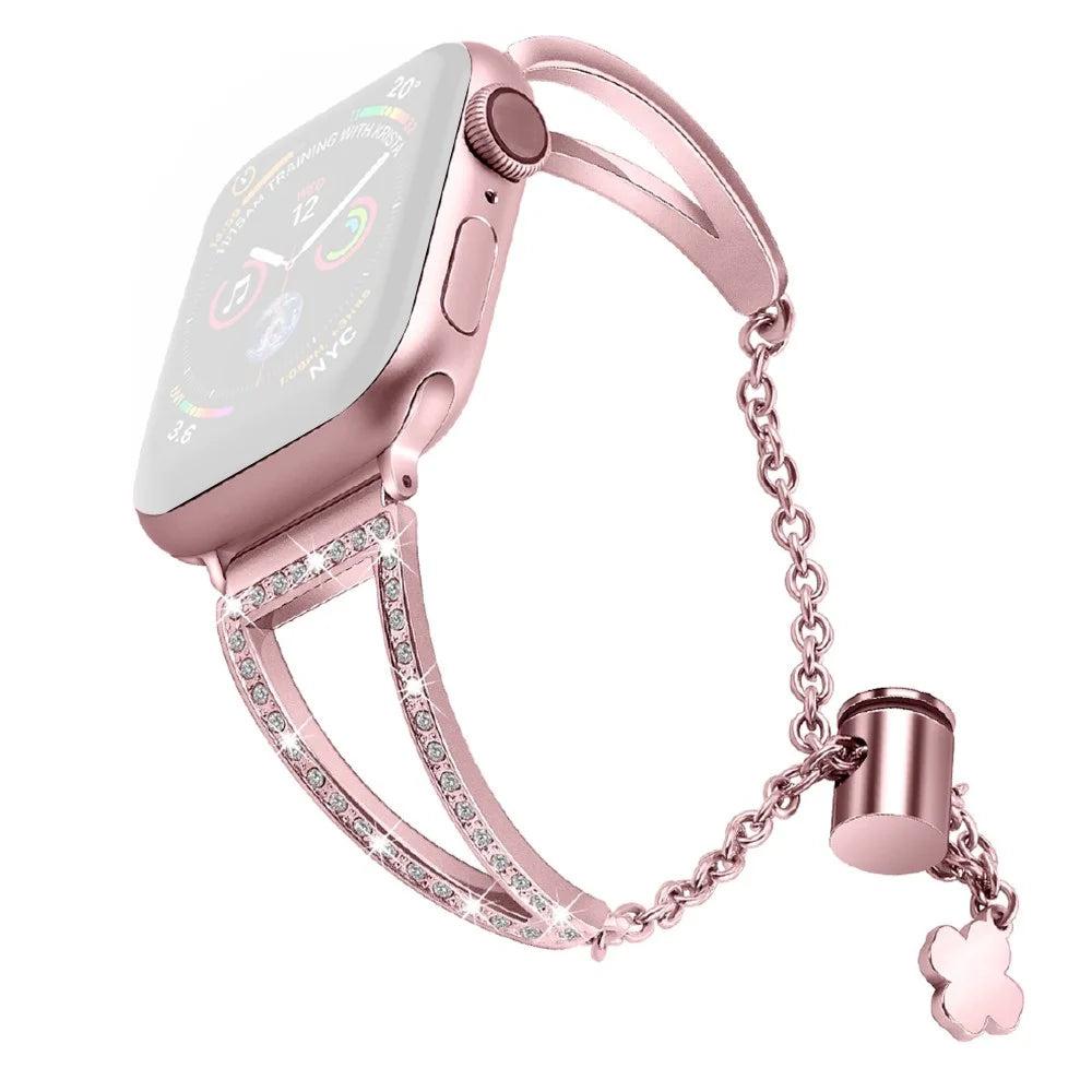 For Apple Watch Ultra 3 2 1 49mm / Series 11 10 46mm / 9 8 7 45mm / SE3 SE2 SE 6 5 4 44mm / 3 2 1 42mm Metal Watch Strap Bling Rhinestone Decor Bracelet - Rose Gold - 1