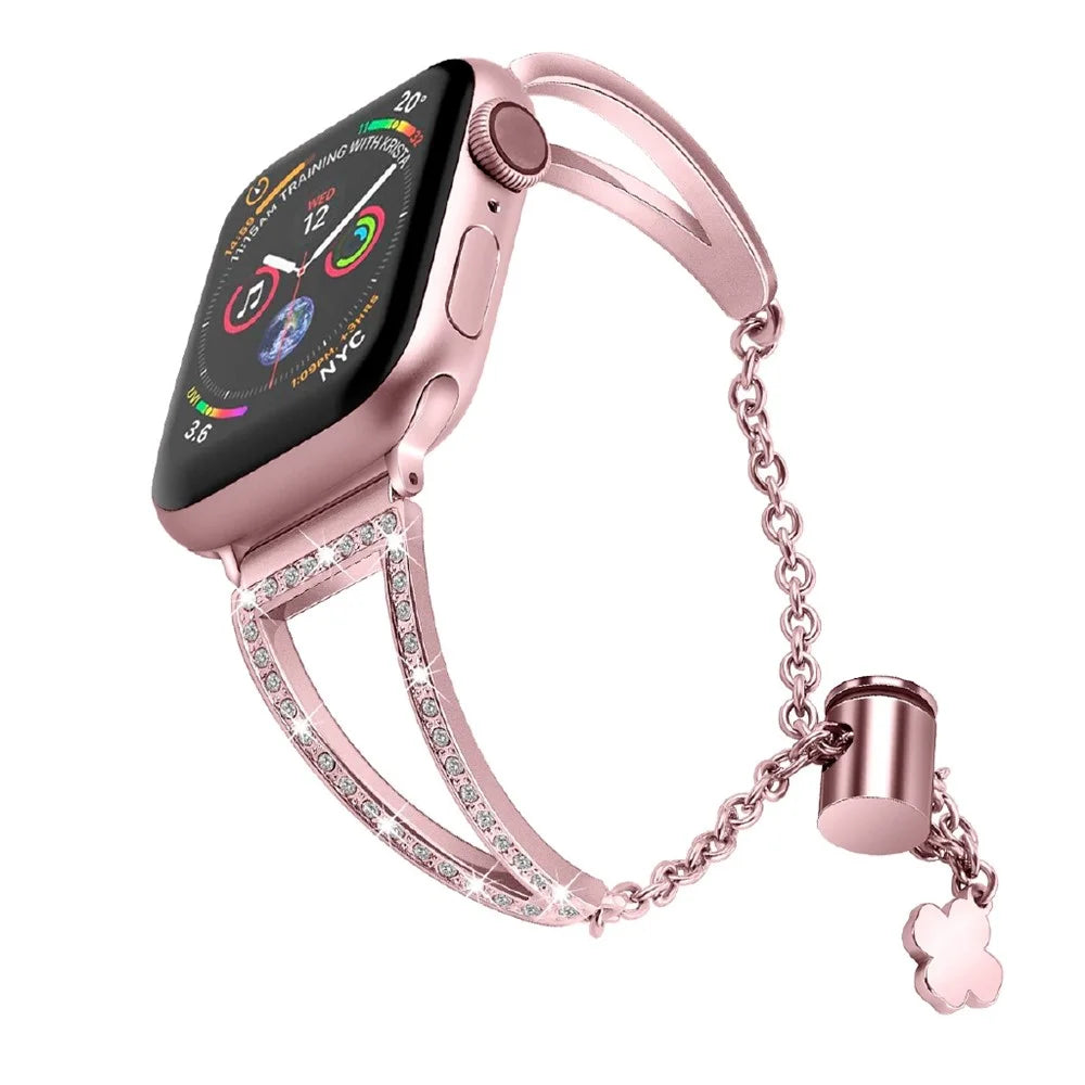 For Apple Watch Ultra 3 2 1 49mm / Series 11 10 46mm / 9 8 7 45mm / SE3 SE2 SE 6 5 4 44mm / 3 2 1 42mm Metal Watch Strap Bling Rhinestone Decor Bracelet - Rose Gold - 2