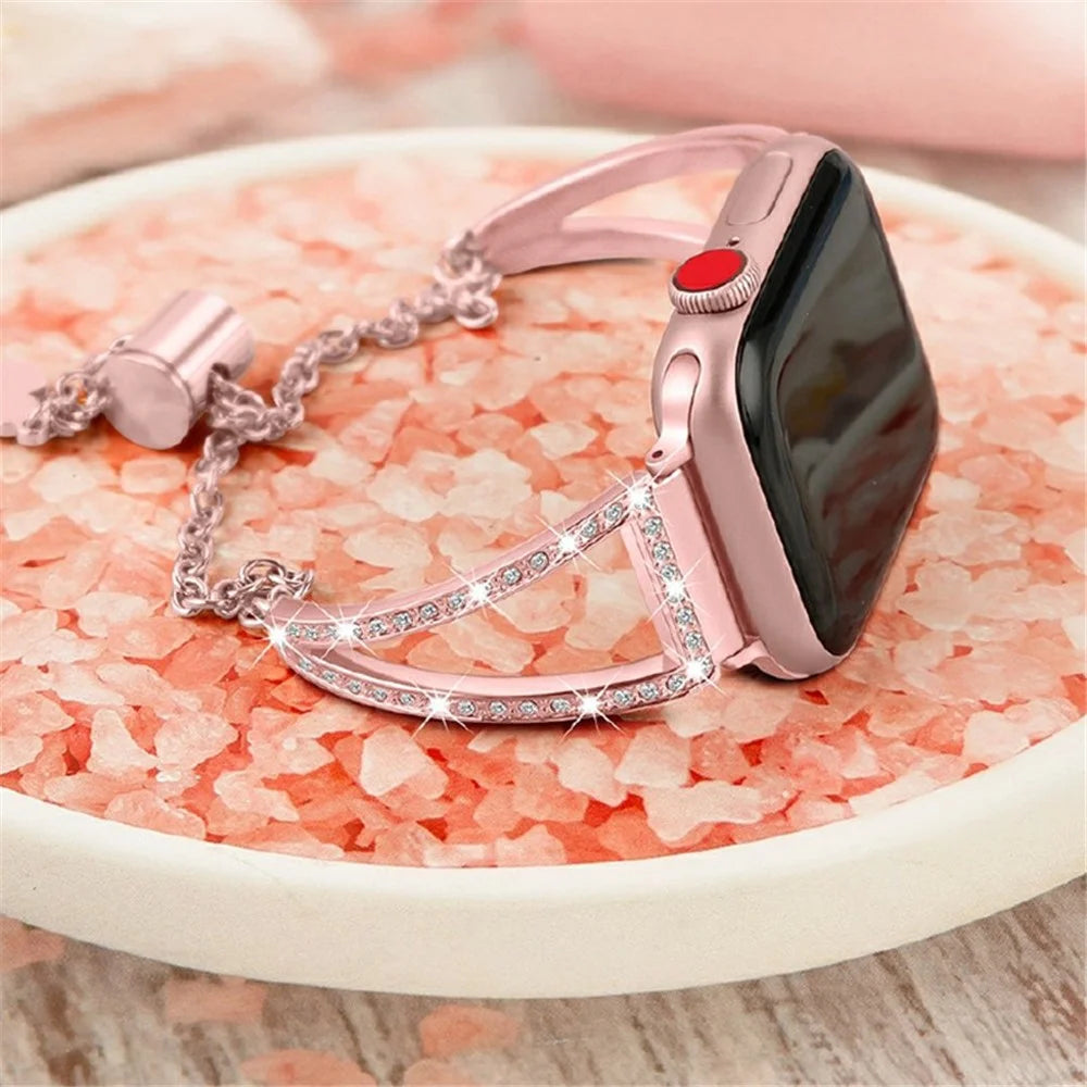 For Apple Watch Ultra 3 2 1 49mm / Series 11 10 46mm / 9 8 7 45mm / SE3 SE2 SE 6 5 4 44mm / 3 2 1 42mm Metal Watch Strap Bling Rhinestone Decor Bracelet - Rose Gold - 3