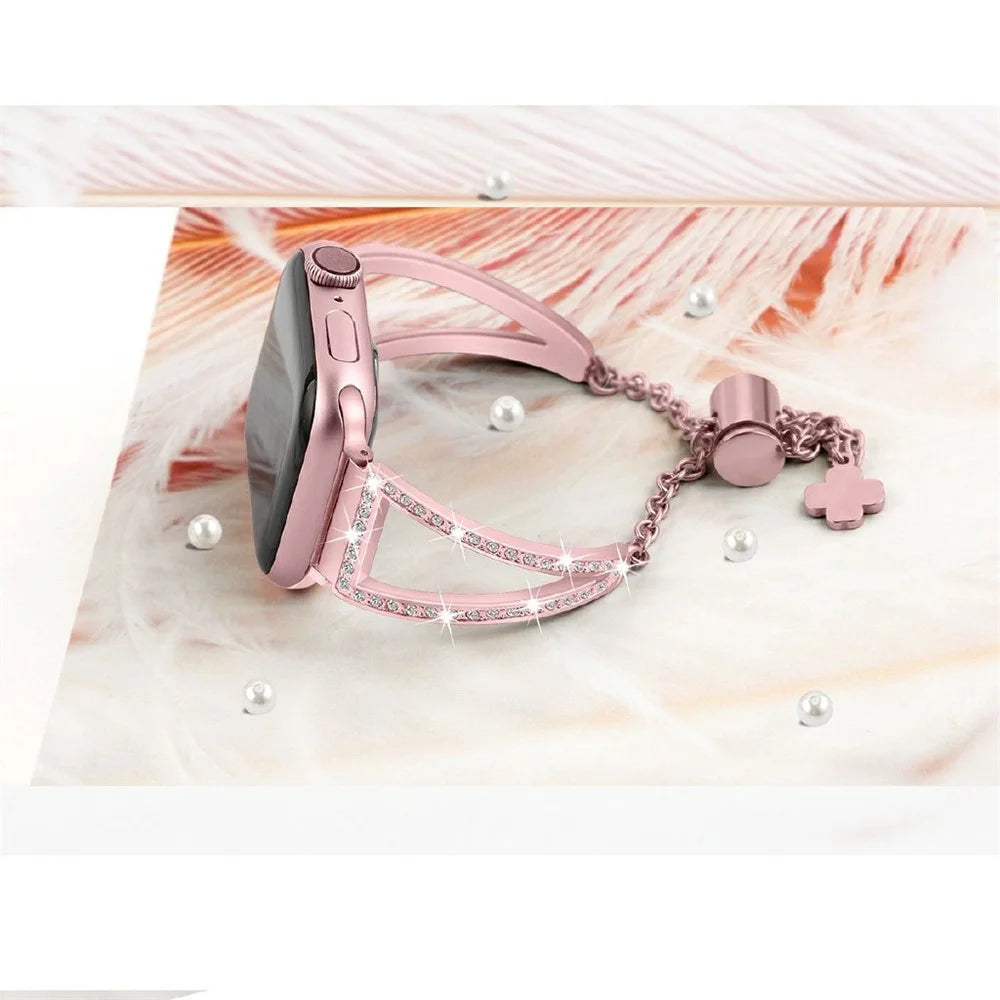 For Apple Watch Ultra 3 2 1 49mm / Series 11 10 46mm / 9 8 7 45mm / SE3 SE2 SE 6 5 4 44mm / 3 2 1 42mm Metal Watch Strap Bling Rhinestone Decor Bracelet - Rose Gold - 5