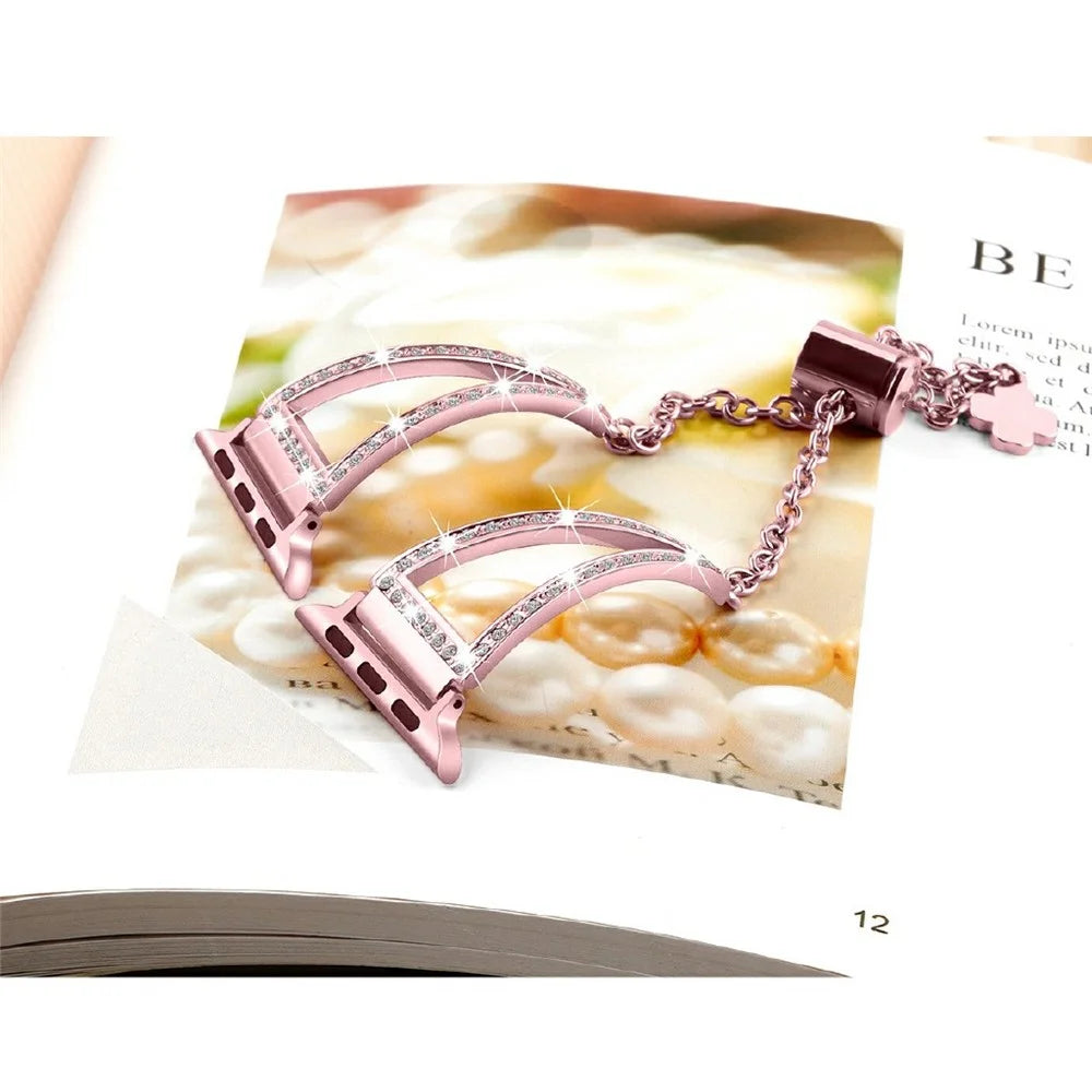 For Apple Watch Ultra 3 2 1 49mm / Series 11 10 46mm / 9 8 7 45mm / SE3 SE2 SE 6 5 4 44mm / 3 2 1 42mm Metal Watch Strap Bling Rhinestone Decor Bracelet - Rose Gold - 6