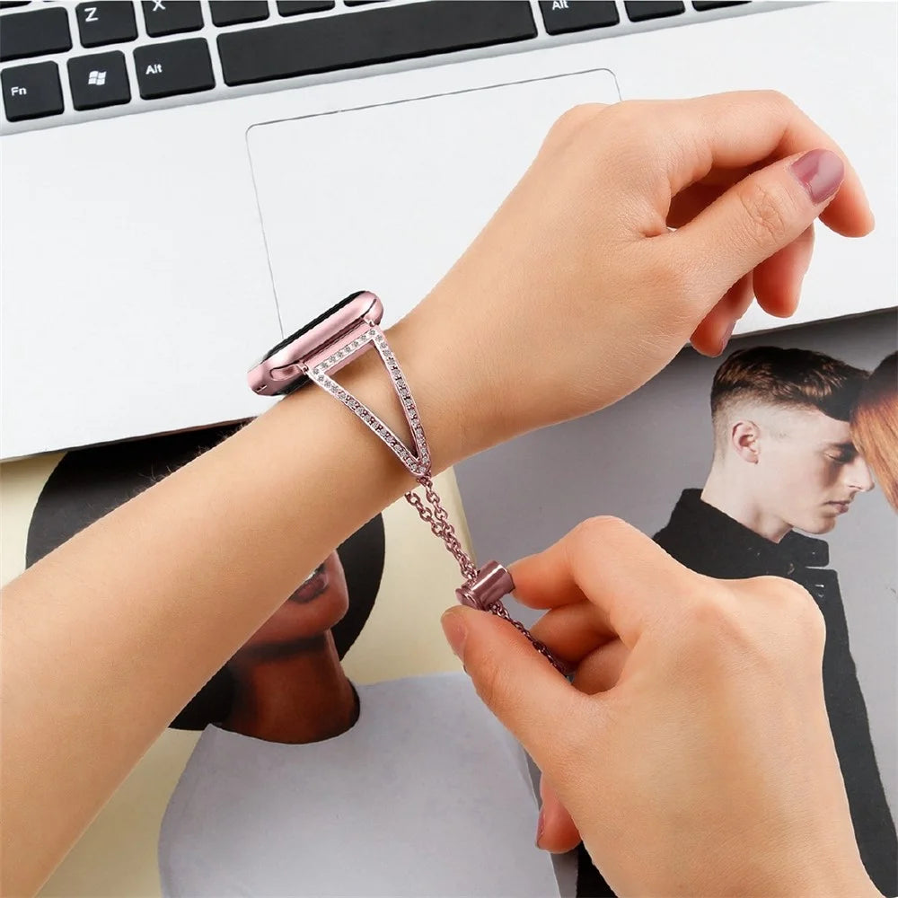 For Apple Watch Series 11 10 42mm / 9 8 7 41mm / SE3 SE2 SE 6 5 4 40mm / 3 2 1 38mm Rhinestone Decor Glitter Wrist Strap Metal Bracelet Wristband Replacement - Rose Pink - 4