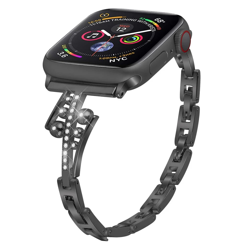 For Apple Watch Series 11 10 42mm / 9 8 7 41mm / SE3 SE2 SE 6 5 4 40mm / 3 2 1 38mm Metal Watch Band with Rhinestone Decor Repalcement Wrist Strap - Black - 2