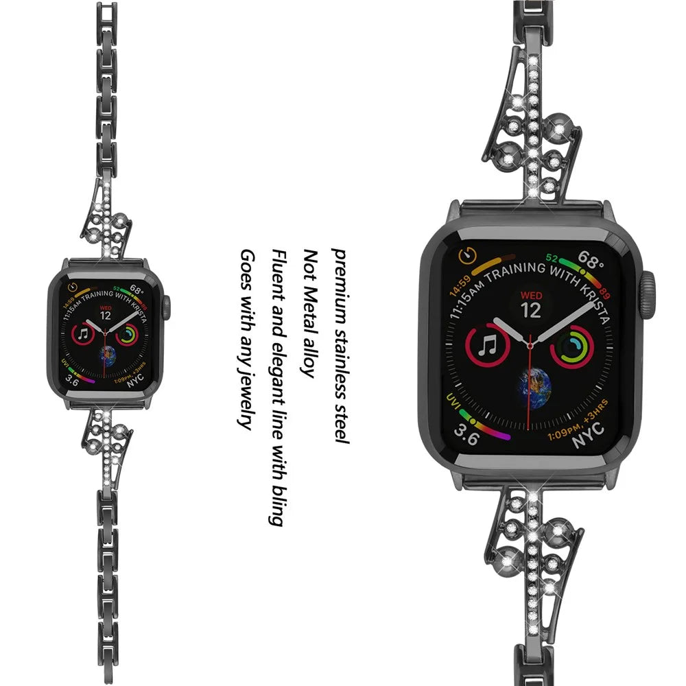 For Apple Watch Series 11 10 42mm / 9 8 7 41mm / SE3 SE2 SE 6 5 4 40mm / 3 2 1 38mm Metal Watch Band with Rhinestone Decor Repalcement Wrist Strap - Black - 4