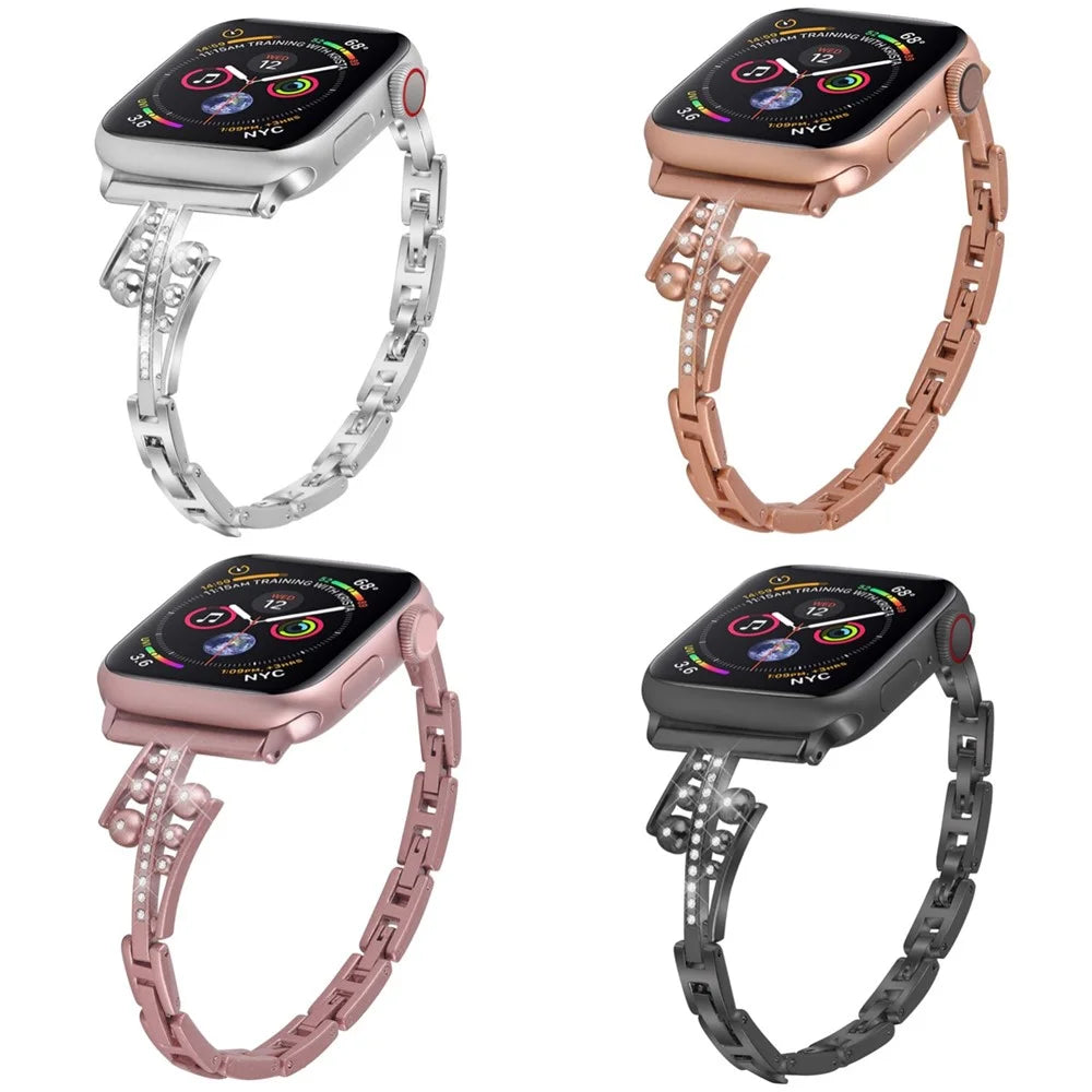 For Apple Watch Series 11 10 42mm / 9 8 7 41mm / SE3 SE2 SE 6 5 4 40mm / 3 2 1 38mm Metal Watch Band with Rhinestone Decor Repalcement Wrist Strap - Black - 6