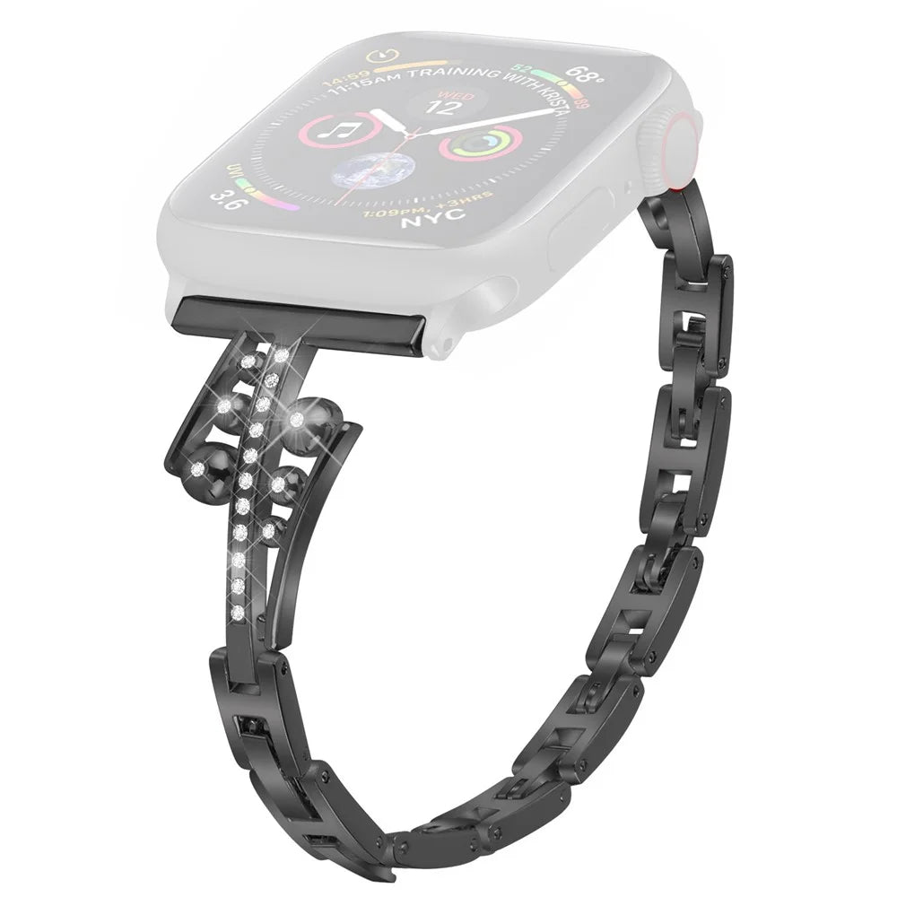 For Apple Watch Ultra 3 2 1 49mm / Series 11 10 46mm / 9 8 7 45mm / SE3 SE2 SE 6 5 4 44mm / 3 2 1 42mm Repalcement Metal Watch Band Rhinestone Decor Wrist Strap - Black - 1