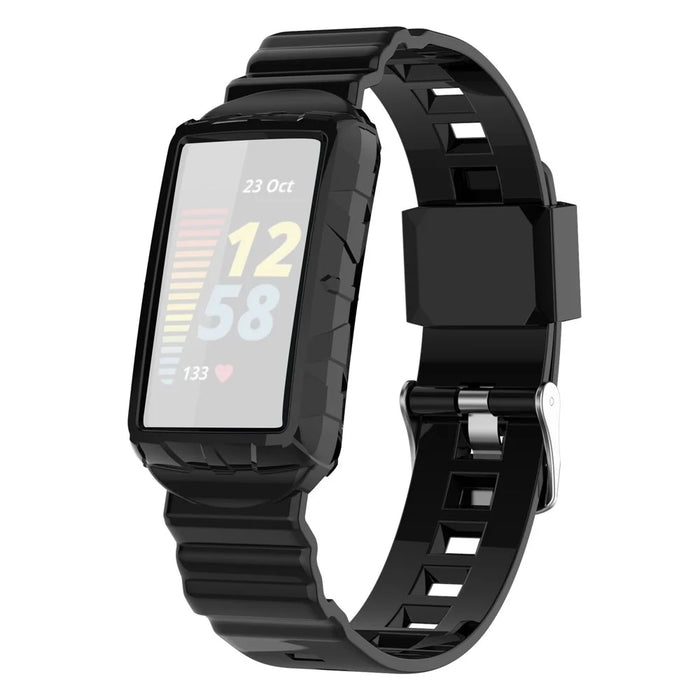 For Fitbit Charge 6 / 5 Silicone Watch Band Adjustable Wrist Strap with Anti-scratch Watch Case - Black - 1