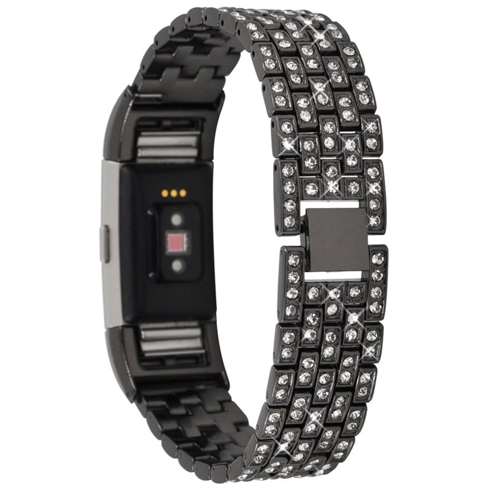 For Fitbit Charge 2 Full Rhinestone Decor Smart Watch Strap Replacement Metal Wrist Band - Black - 1