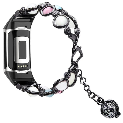 For Fitbit Charge 3 / 4 Beads Decor Metal Watch Strap Noctilucent Luminous Wrist Band Bracelet Replacement - Black - 1