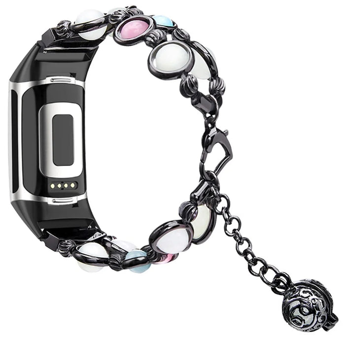 For Fitbit Charge 3 / 4 Beads Decor Metal Watch Strap Noctilucent Luminous Wrist Band Bracelet Replacement - Black - 1
