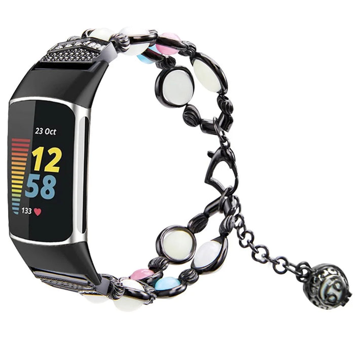 For Fitbit Charge 3 / 4 Beads Decor Metal Watch Strap Noctilucent Luminous Wrist Band Bracelet Replacement - Black - 2