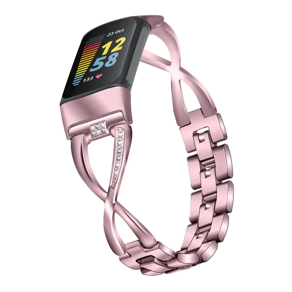 For Fitbit Charge 3 / 4 Universal Watch Strap Metal Watch Band with Decoration for Girls - Pink - 2