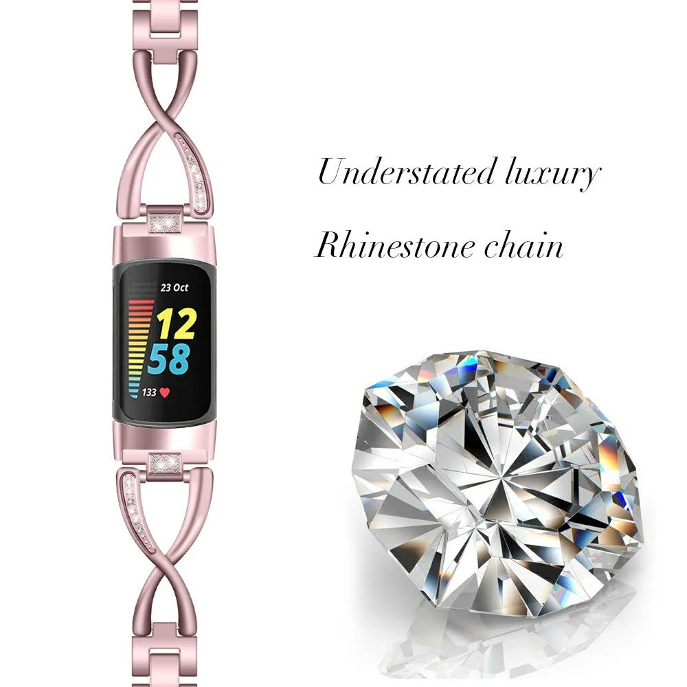 For Fitbit Charge 3 / 4 Universal Watch Strap Metal Watch Band with Decoration for Girls - Pink - 3