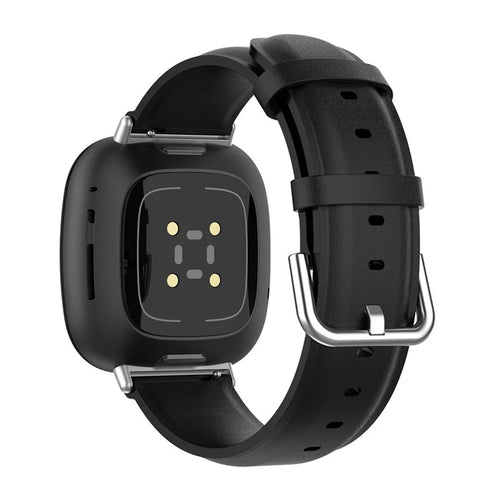 For Fitbit Versa 4 / Sense 2 Watch Band Soft Genuine Leather Replacement Strap with Solid Buckle - Black - 1