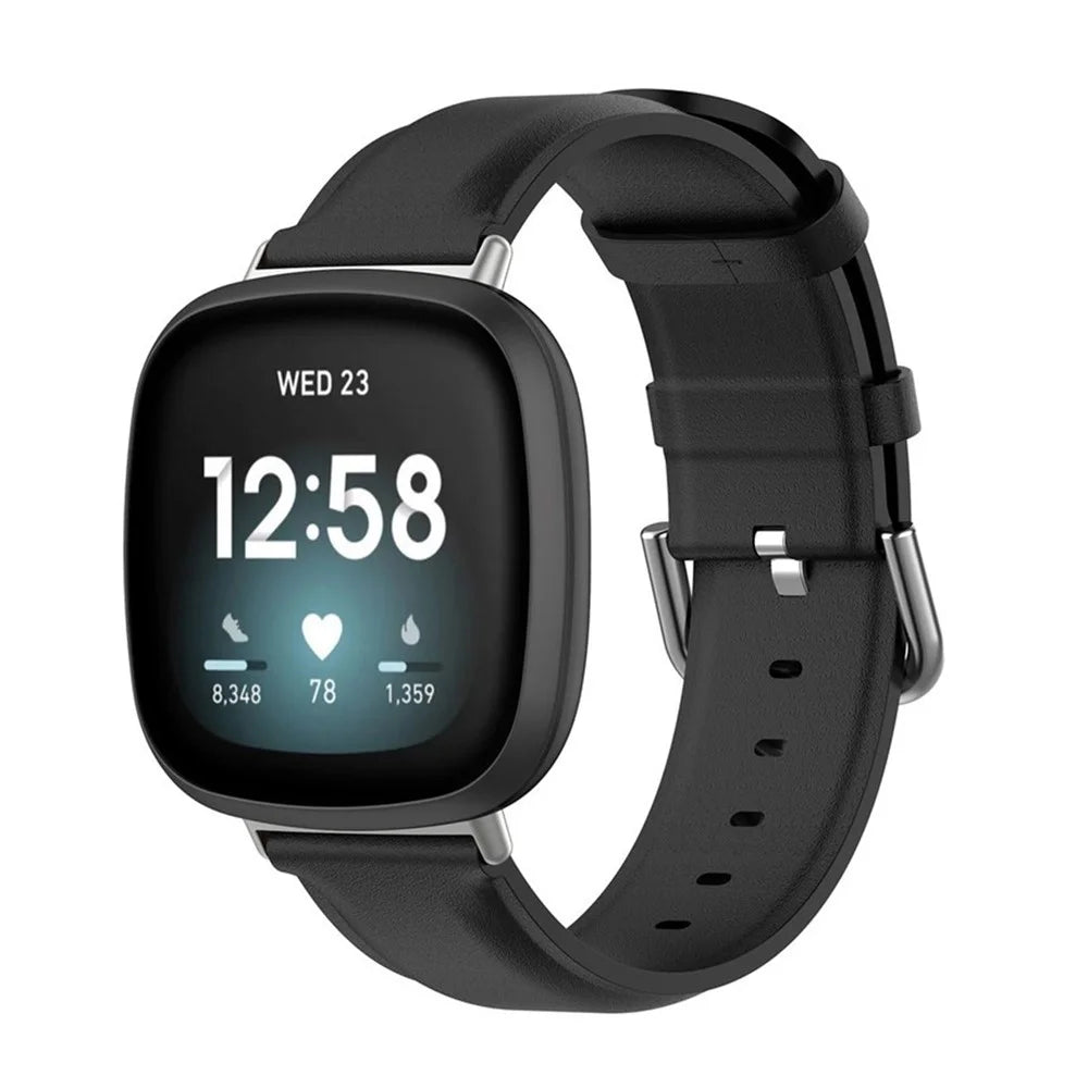 For Fitbit Versa 4 / Sense 2 Watch Band Soft Genuine Leather Replacement Strap with Solid Buckle - Black - 2