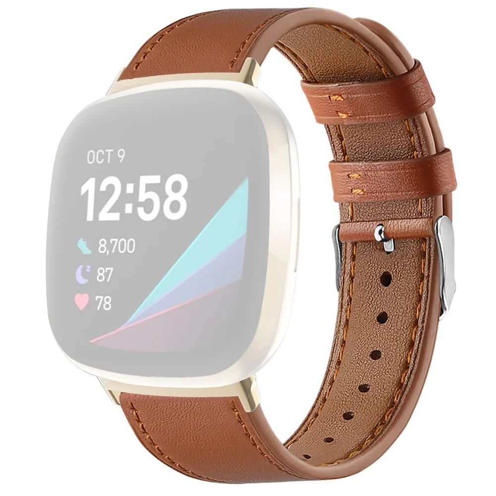 For Fitbit Versa 4 / Sense 2 Round Tail Genuine Leather Wrist Band Adjustable Watch Strap - Brown - 1