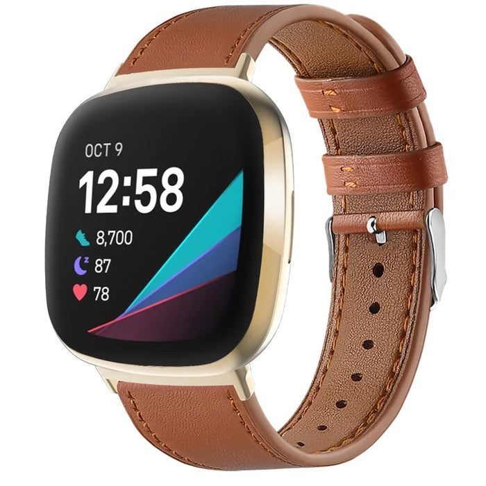 For Fitbit Versa 4 / Sense 2 Round Tail Genuine Leather Wrist Band Adjustable Watch Strap - Brown - 2