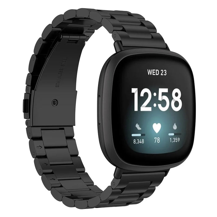 For Fitbit Versa 4 / Sense 2 Three Beads Smart Watch Band Folding Buckle Metal Wrist Strap Replacement - Black - 2