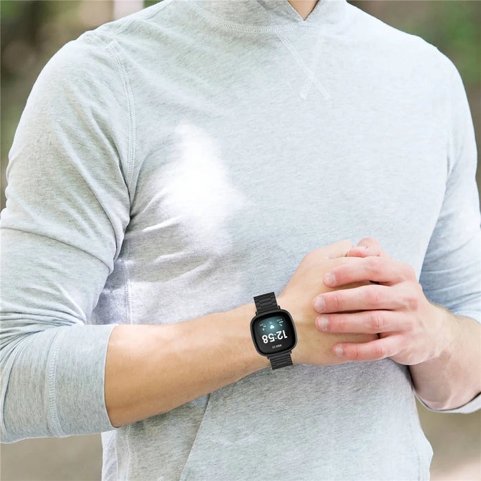 For Fitbit Versa 4 / Sense 2 Three Beads Smart Watch Band Folding Buckle Metal Wrist Strap Replacement - Black - 6