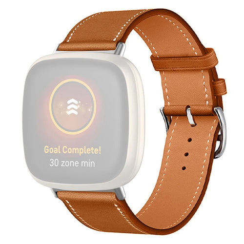 For Fitbit Versa 4 / Sense 2 Watch Band with Stitching Genuine Leather Wristband Replacement Watch Strap - Brown - 1