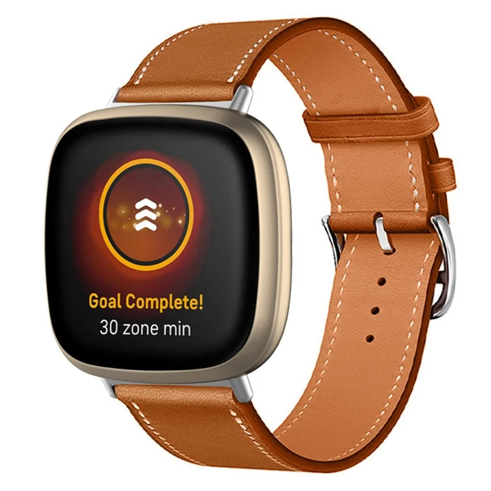For Fitbit Versa 4 / Sense 2 Watch Band with Stitching Genuine Leather Wristband Replacement Watch Strap - Brown - 2