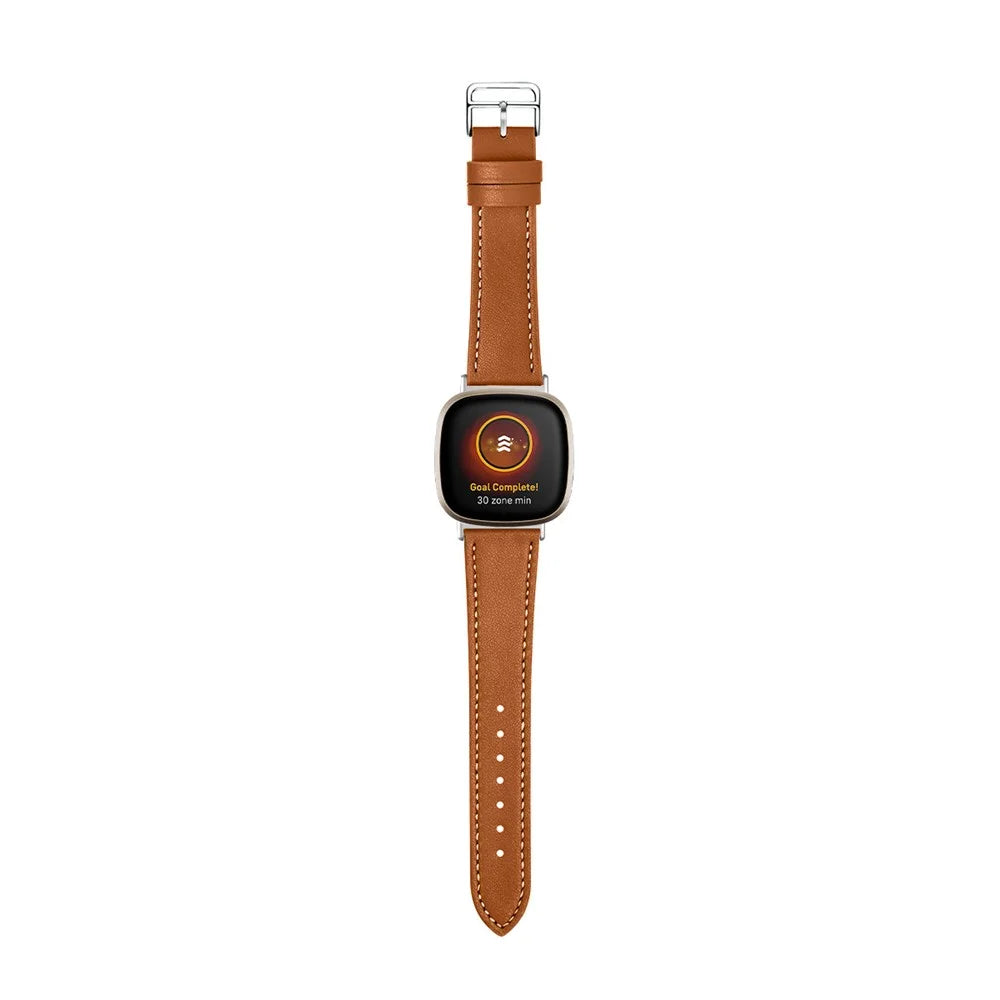 For Fitbit Versa 4 / Sense 2 Watch Band with Stitching Genuine Leather Wristband Replacement Watch Strap - Brown - 3