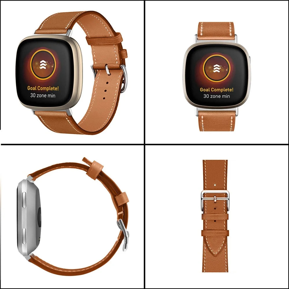 For Fitbit Versa 4 / Sense 2 Watch Band with Stitching Genuine Leather Wristband Replacement Watch Strap - Brown - 5