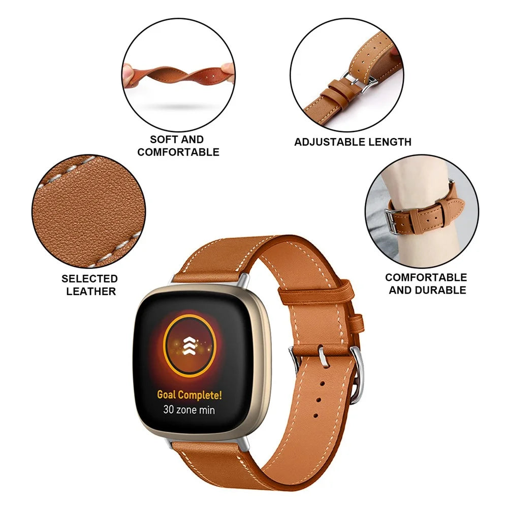 For Fitbit Versa 4 / Sense 2 Watch Band with Stitching Genuine Leather Wristband Replacement Watch Strap - Brown - 6