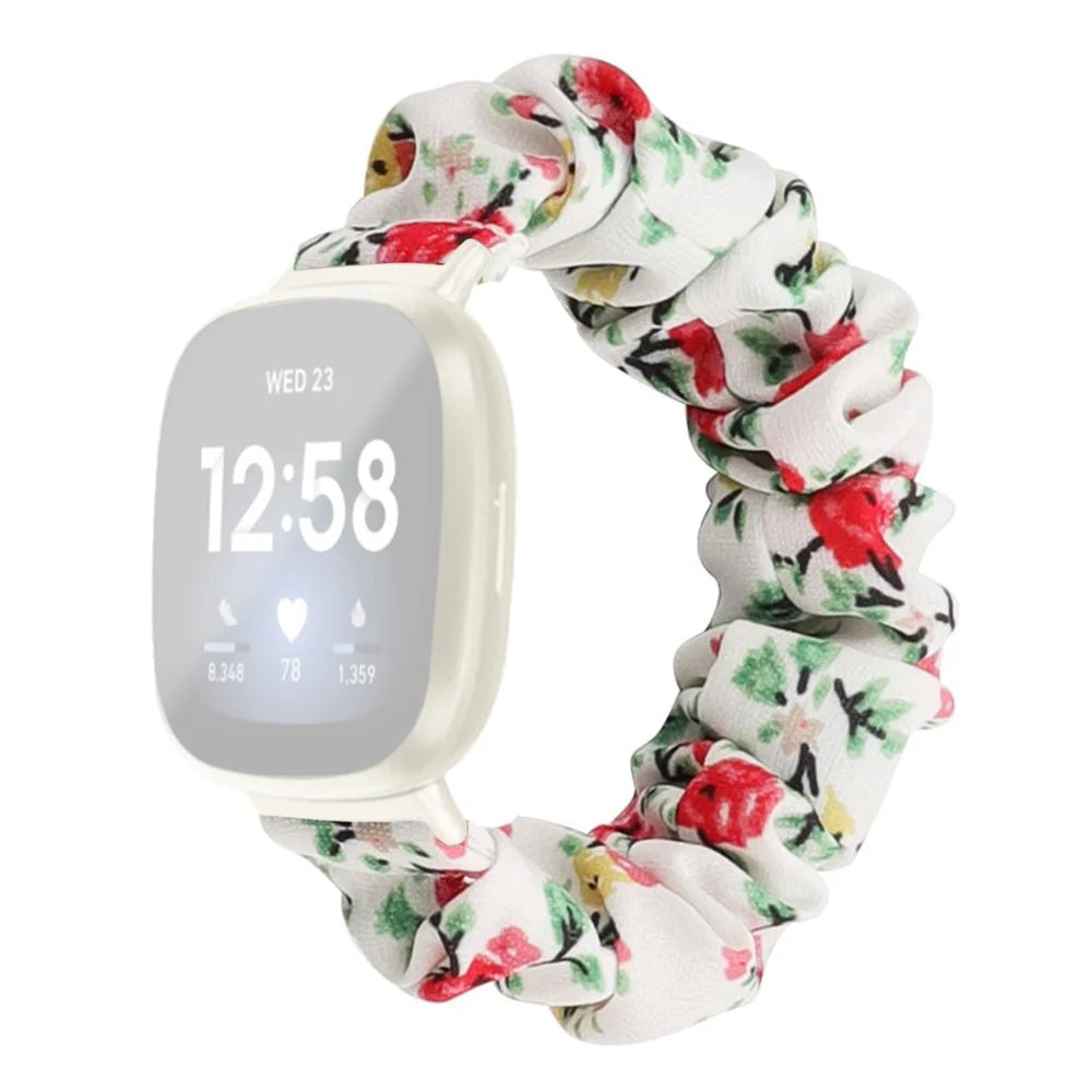 For Fitbit Versa 4 / Sense 2 Elastic Scrunchie Watch Band Fabric Pattern Printed Hair Band Strap Bracelet - White / Red Flower - 1