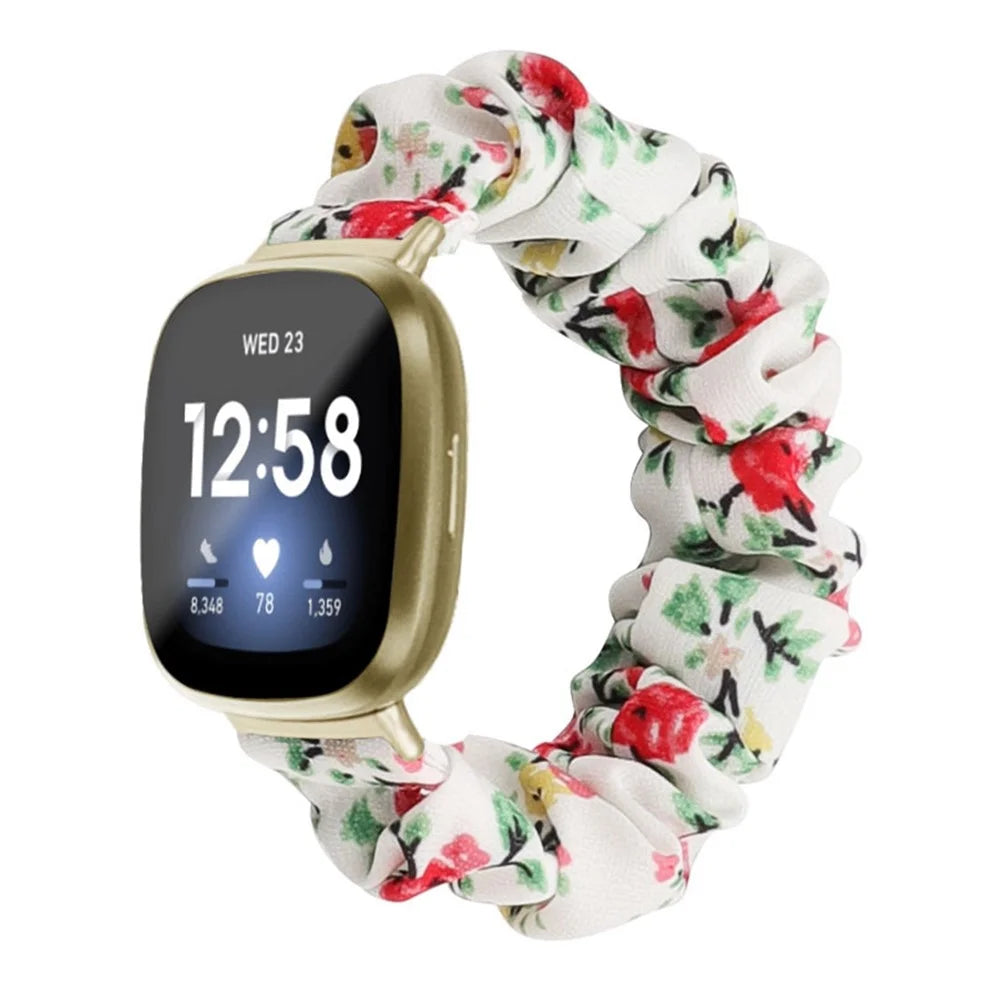 For Fitbit Versa 4 / Sense 2 Elastic Scrunchie Watch Band Fabric Pattern Printed Hair Band Strap Bracelet - White / Red Flower - 2