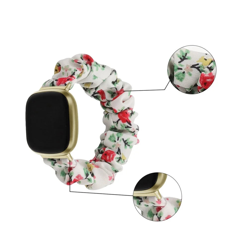 For Fitbit Versa 4 / Sense 2 Elastic Scrunchie Watch Band Fabric Pattern Printed Hair Band Strap Bracelet - White / Red Flower - 4