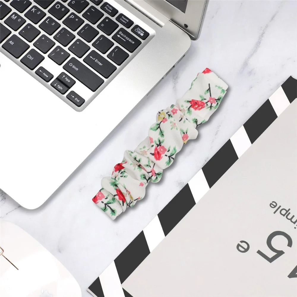 For Fitbit Versa 4 / Sense 2 Elastic Scrunchie Watch Band Fabric Pattern Printed Hair Band Strap Bracelet - White / Red Flower - 5