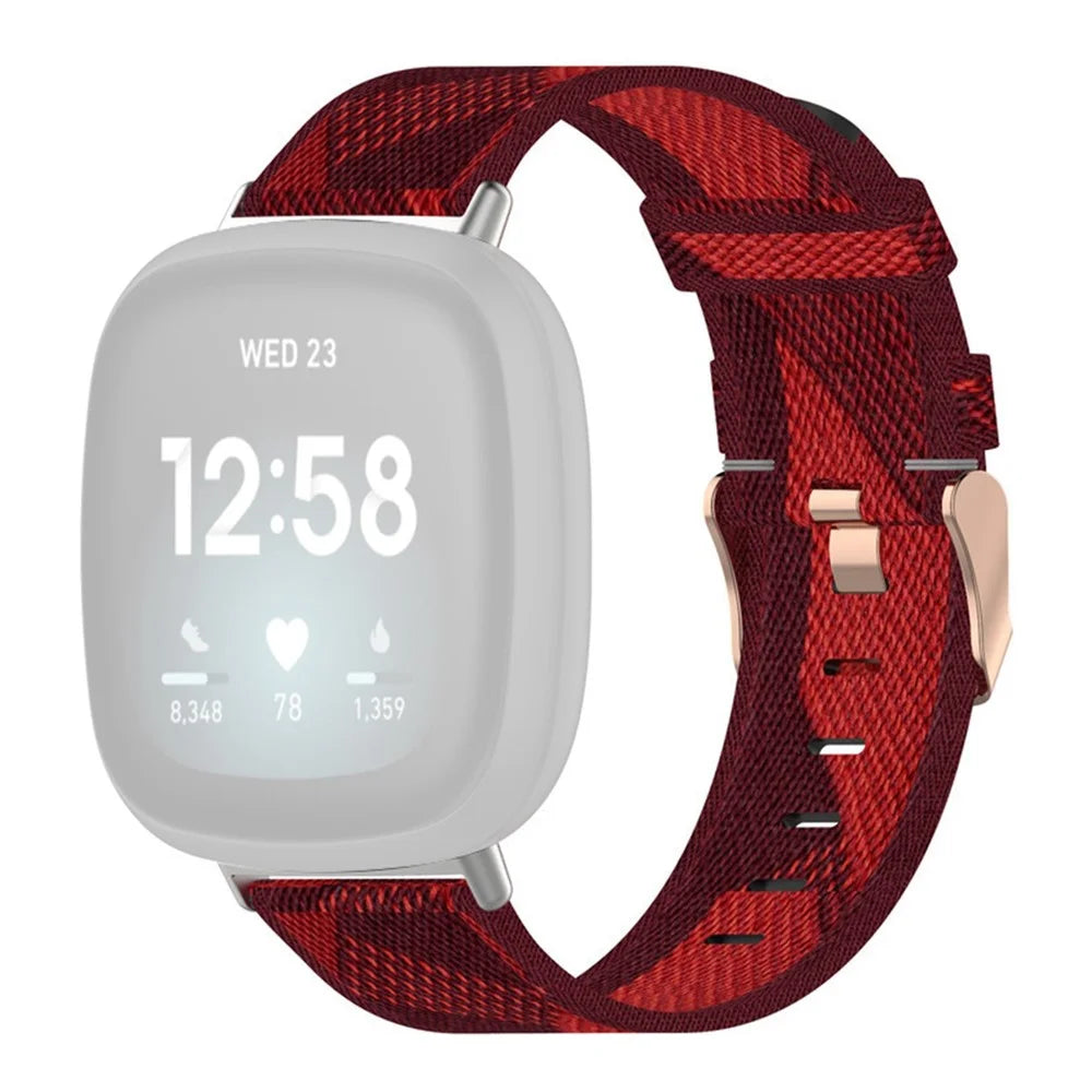 For Fitbit Versa 4 / Sense 2 Smart Watch Strap Pin Buckle Nylon Wrist Band Replacement - Red Stripe - 1
