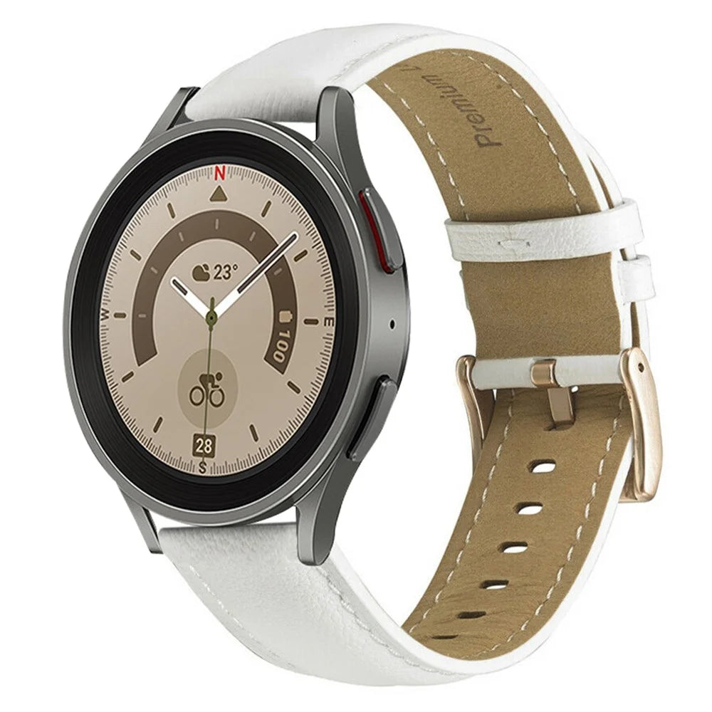 For Samsung Galaxy Watch 5 40mm / 44mm  /  5 Pro 45mm Stitching Watch Band Genuine Leather Watch Strap Adjustable Wristband - White / Gold Buckle - 2