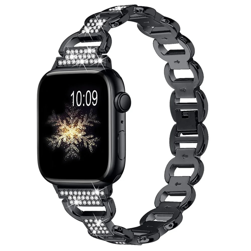 For Apple Watch Ultra 3 2 1 49mm / Series 11 10 46mm / 9 8 7 45mm / SE3 SE2 SE 6 5 4 44mm / 3 2 1 42mm Metal Watch Strap Quick Release Rhinestone Decoration Watchband - Black - 2