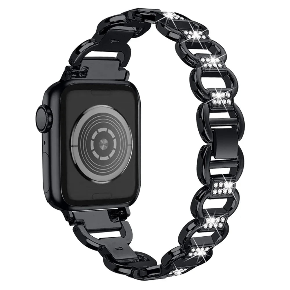For Apple Watch Ultra 3 2 1 49mm / Series 11 10 46mm / 9 8 7 45mm / SE3 SE2 SE 6 5 4 44mm / 3 2 1 42mm Metal Watch Strap Quick Release Rhinestone Decoration Watchband - Black - 6