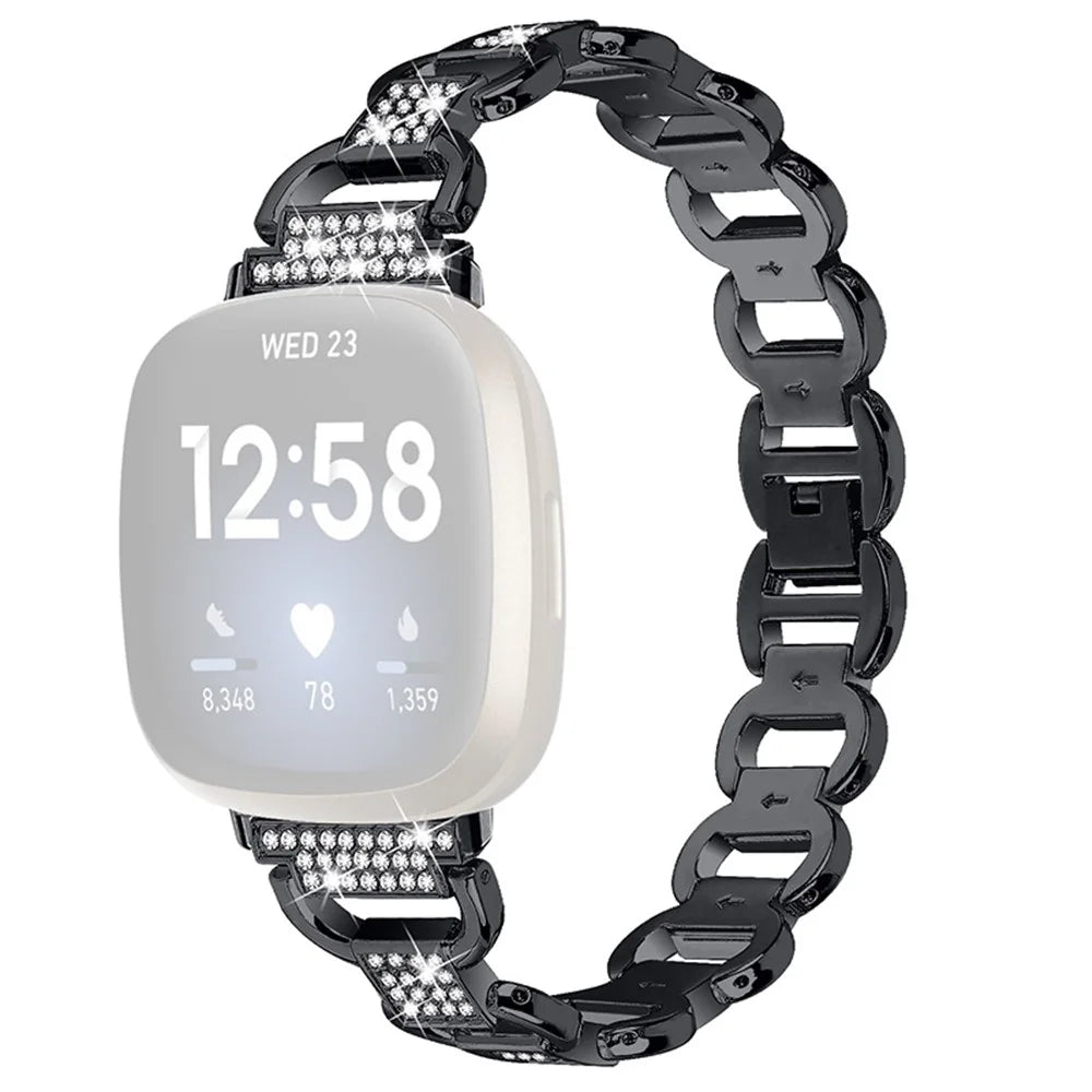 For Fitbit Versa 4  / Sense 2 Quick Release Watch Strap Metal Watchband Rhinestone Decorated Watch Band - Black - 1