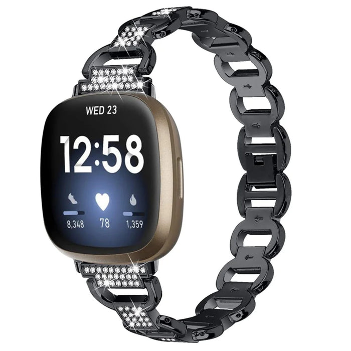 For Fitbit Versa 4  / Sense 2 Quick Release Watch Strap Metal Watchband Rhinestone Decorated Watch Band - Black - 2