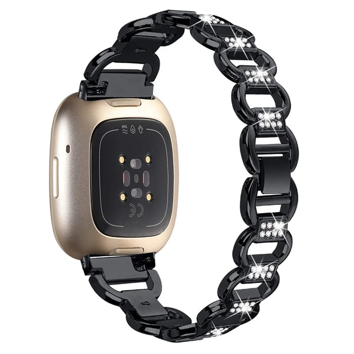 For Fitbit Versa 4  / Sense 2 Quick Release Watch Strap Metal Watchband Rhinestone Decorated Watch Band - Black - 6