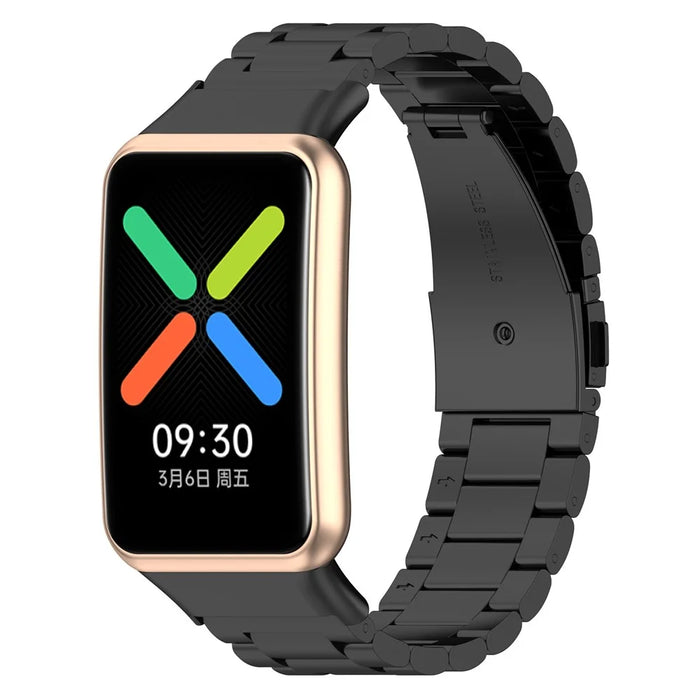 For Oppo Watch Free Replacement Stainless Steel Watch Strap Three-Beads Wrist Band with Folding Buckle - Black - 1