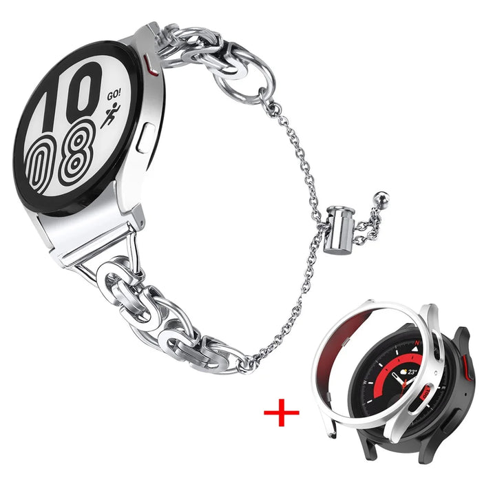 For Samsung Galaxy Watch 5 44mm Bead Decor Bracelet Strap Stainless Steel Smartwatch Band with PC Protective Case - Silver - 1