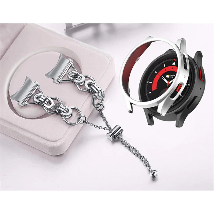 For Samsung Galaxy Watch 5 44mm Bead Decor Bracelet Strap Stainless Steel Smartwatch Band with PC Protective Case - Silver - 3