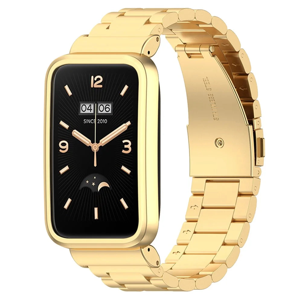 For Xiaomi Mi Band 7 Pro Stainless Steel Three Beads Wrist Strap Replacement Band with Watch Case - Gold - 1