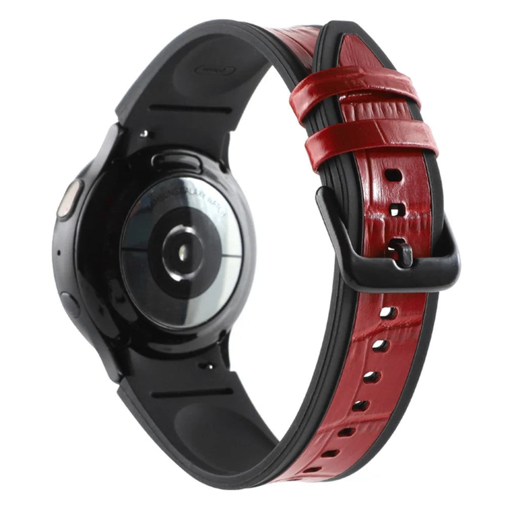 For Samsung Galaxy Watch6 40mm 44mm / Watch6 Classic 43mm 47mm / Watch 5 40mm 44mm / 5 Pro 45mm / Watch4 40mm 44mm Dual Color Genuine Leather Coated Silicone Watch Strap Replacement - Black / Red Bamboo Grain - 1