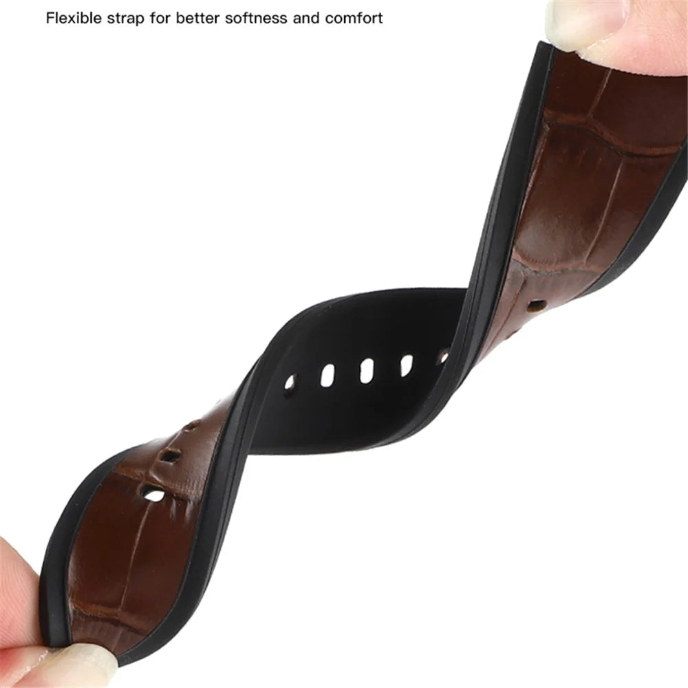 For Samsung Galaxy Watch6 40mm 44mm / Watch6 Classic 43mm 47mm / Watch 5 40mm 44mm / 5 Pro 45mm / Watch4 40mm 44mm Dual Color Genuine Leather Coated Silicone Watch Strap Replacement - Black / Red Bamboo Grain - 3